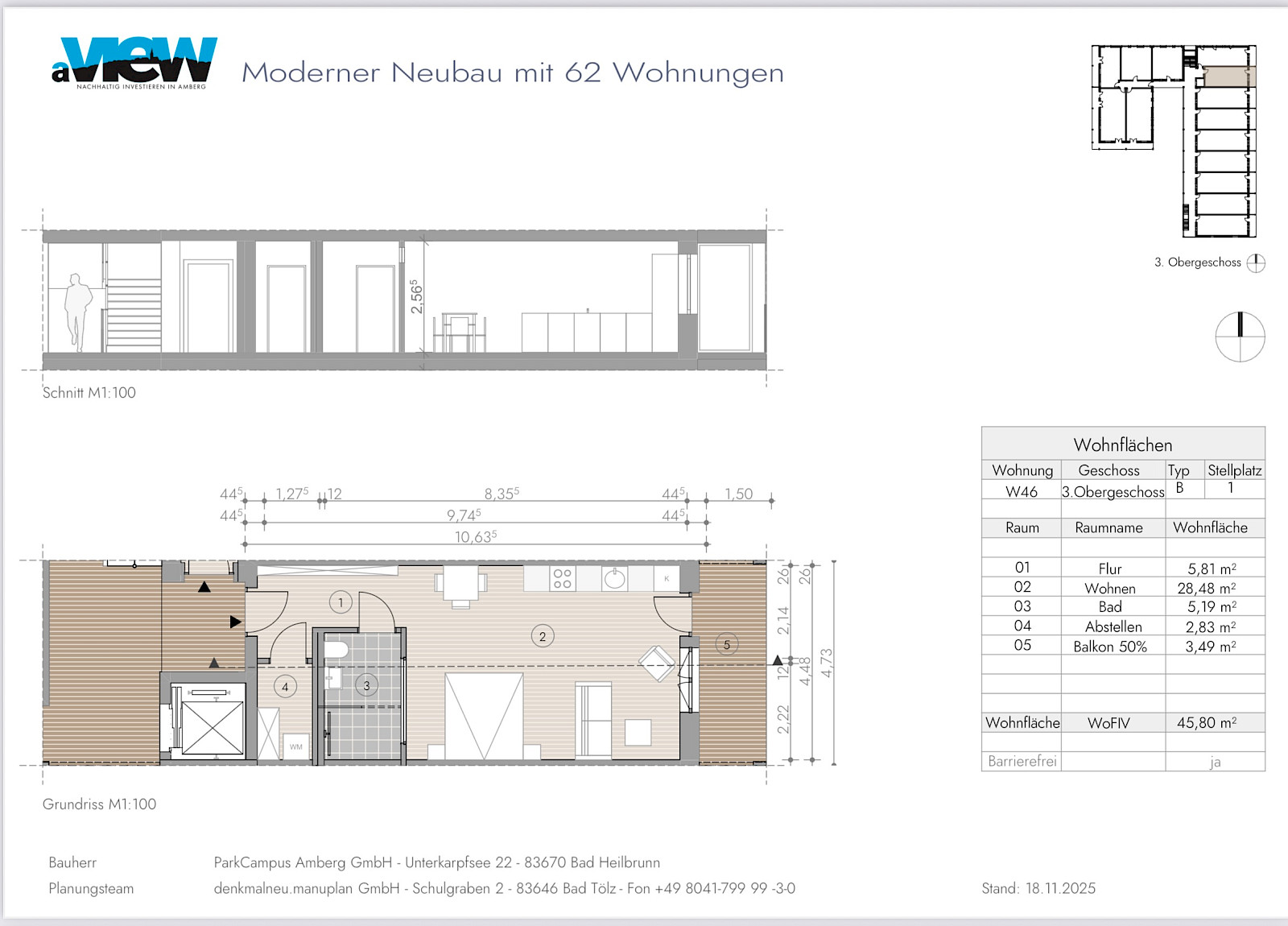 Amberg aVIEW, Grundriss einer Wohnung mit 45,80 Quadratmetern